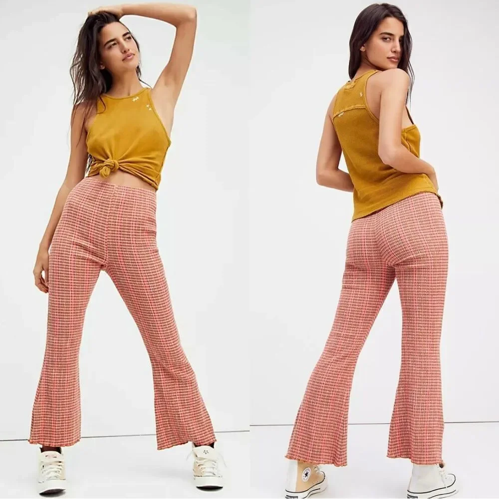 Free People Fine Line High Rise Plaid Flare Boho Ankle Pant in Rust Combo XS NEW